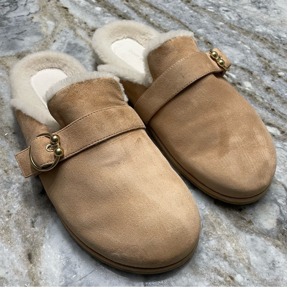 Stuart Weitzman Cozy Luxering Suede & Shearling Clog Slippers - Picture 3 of 13